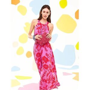 Sleeveless Pink & Red Floral Halter Maxi Dress